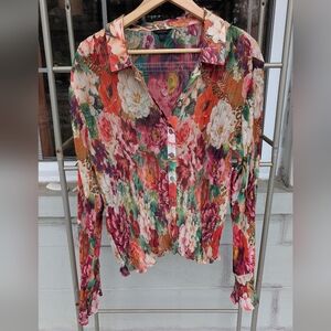 Guess Vivenne Pleated Long sleeve Blouse Peony Print Size XL